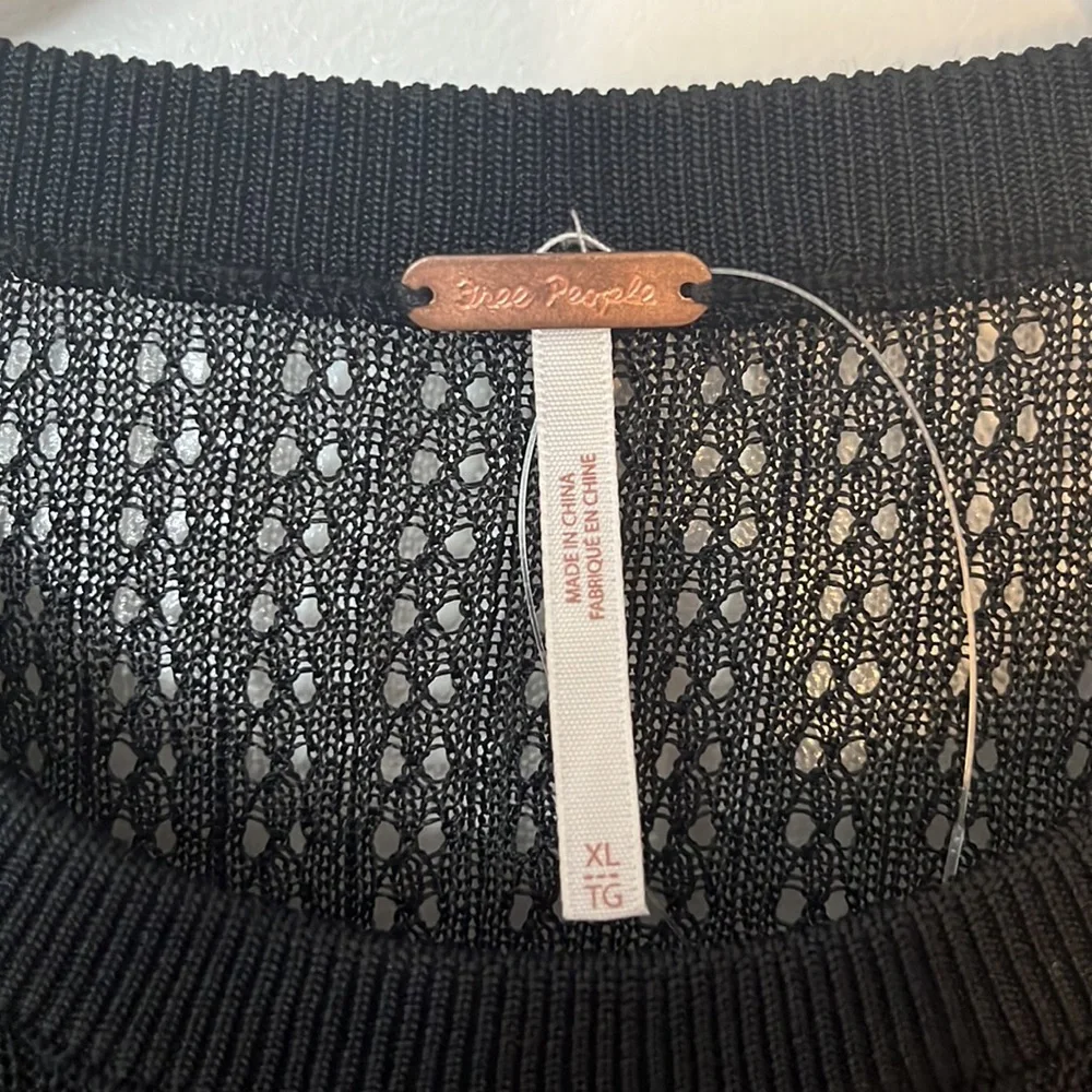 Free People Black Sheer Knit Long Sleeve Crew Sweater